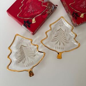 Vintage Mikasa Christmas Tree Glass Sweet Dish: Gold Trim, Original Box